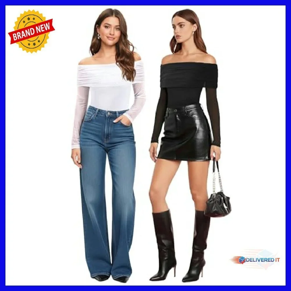 Sheer Mesh Off Shoulder Bodysuit Long Sleeve Backless Double Lined